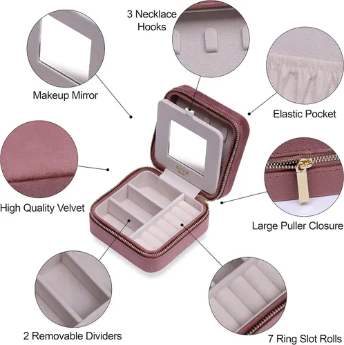 Miniatura 36 de BLUTETE Joyero de viaje organizador de terciopelo con anillos de espejo, aretes, collares, caja organizadora de almacenamiento (negro)