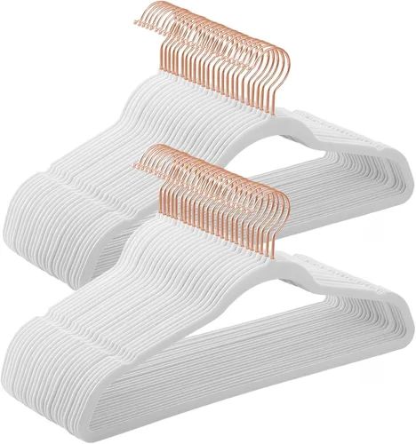SONGMICS Perchas delgadas de terciopelo, perchas antideslizantes con ganchos giratorios de oro rosa, ahorro de espacio, para armario, paquete de 50,