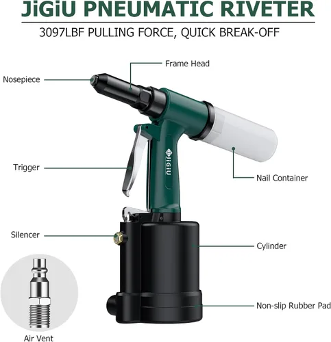 Miniatura 2 de JiGiU Herramienta neumática Remachadora de aire 3097LBF Tirando Pistola de remache neumática para ahorro de mano de obra pesada, remachadora de aire