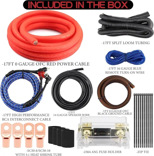 Miniatura 4 de Kit de cableado OFC AMP de calibre 0, kit de instalación de cable de subwoofer de coche de 3000 vatios para amplificador de potencia, radio