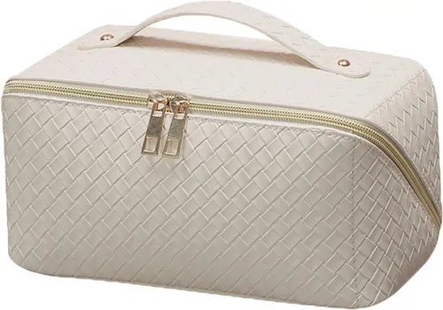 Bolsa de cosméticos de viaje, bolsa de maquillaje de viaje de gran capacidad, con compartimento, bolsa de maquillaje de piel sintética impermeable,