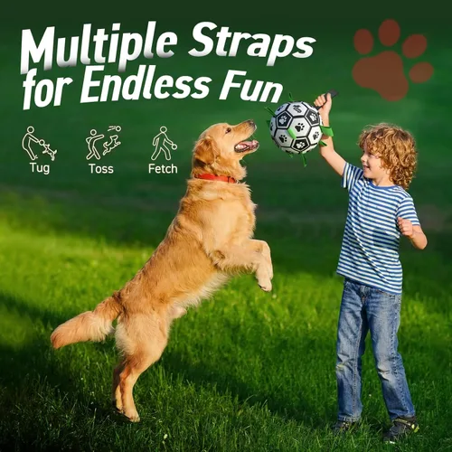 Miniatura 9 de QDAN Juguetes para perros, pelota de fútbol extragrande con correas, juguete de remolcador, juguete de agua, bolas duraderas para perros