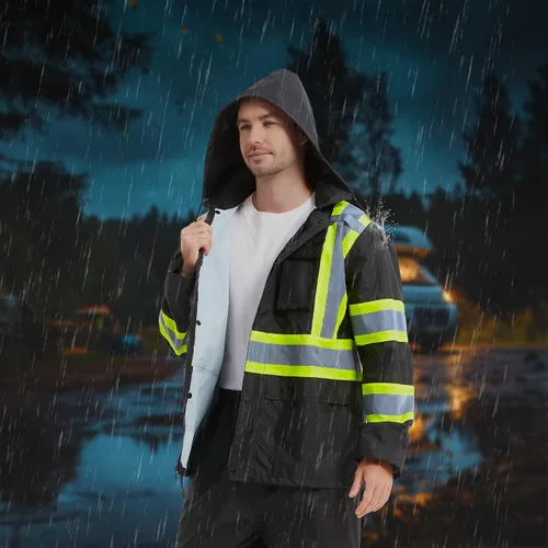 Miniatura 7 de ProtectX Ropa de lluvia impermeable de alta visibilidad para hombres y mujeres, chaqueta reflectante de seguridad y pantalón de alta visibilidad