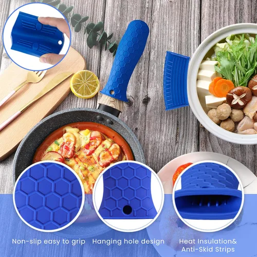 Miniatura 3 de Patelai Juego de 8 soportes de silicona para ollas, funda de mango de hierro fundido, resistente al calor, agarradera, antideslizante, reutilizable