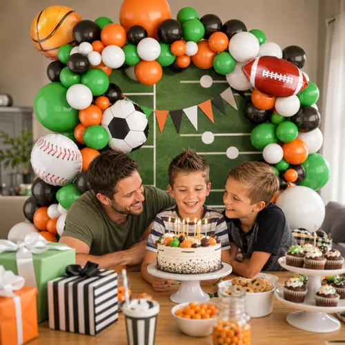 Miniatura 5 de Guirnalda de arco de globos deportivos, kit de guirnalda de globos con tema de bolas, globos blancos, verdes, negros y naranjas, globos de aluminio