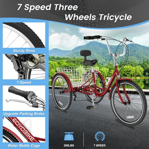 Miniatura 2 de Slsy Triciclo para adultos de 7 velocidades, 20/24/26 pulgadas, bicicleta de 3 ruedas para adultos con cesta de compras grande, capacidad de 350