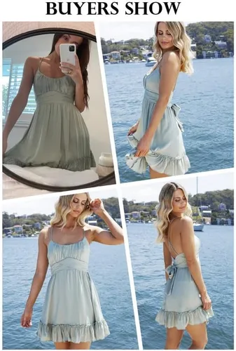 Miniatura 4 de Dokotoo Vestidos de tirantes delgados para mujer, cuello redondo, lazo, sin mangas, cintura elástica, dobladillo con volantes, acampanado, casual