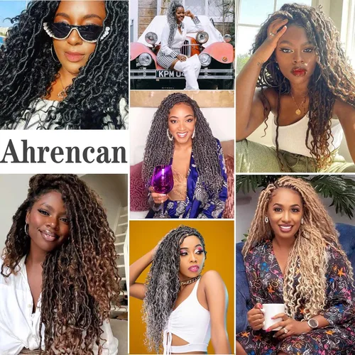 Miniatura 4 de Copper Goddess Faux Locs Cabello de Ganchillo con Puntas Rizadas, 7 Paquetes de 14 Pulgadas Boho Goddess Locs Cabello de Ganchillo, Cabello