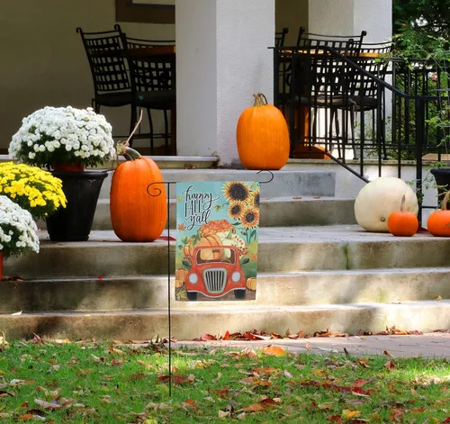 Miniatura 7 de Bandera de jardín Happy Fall Y'all – 12 x 18 pulgadas, doble cara, decoración de otoño, Halloween, cosecha de otoño, decoración de Acción de Camión