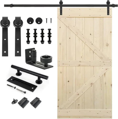 Miniatura 21 de S&Z TOPHAND 20 pulgadas x 84 pulgadas. Puerta de granero anudada británica sin terminar con kit de herrajes deslizantes de 4 pies/madera