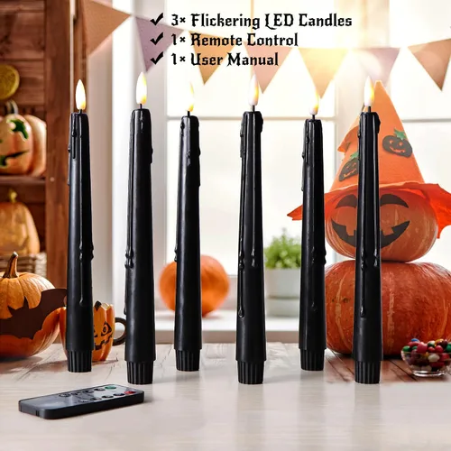 Miniatura 5 de Stmarry - Velas cónicas sin llama negras con control remoto y temporizador - Velas LED de cera real de 9.65 pulgadas - Velas cónicas de cera