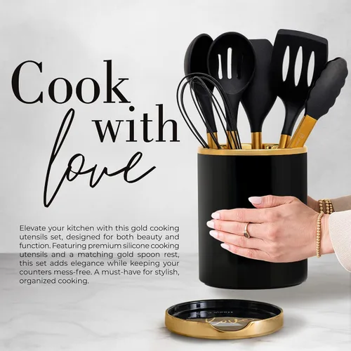 Miniatura 5 de STYLED SETTINGS Juego de Utensilios de Cocina Negros y Dorados – 8 Piezas de Utensilios de Cocina de Silicona con Mangos Dorados, Soporte