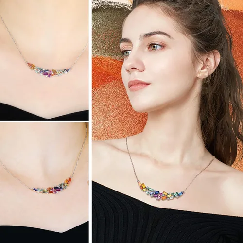 Miniatura 2 de RANDES Collar de barra curvada de arco iris para mujer, plata de ley 925, collar con colgante de piedras preciosas coloridas creadas en laboratorio