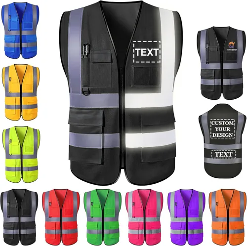 Chaleco de seguridad personalizado para hombres con bolsillos de logotipo, ropa de trabajo protectora personalizada de alta visibilidad con tira