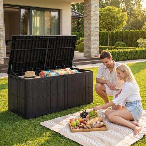 Miniatura 6 de UDPATIO 120 Gallon Deck Box Outdoor Storage Box Lockable Waterproof Resin Indoor Outdoor Storage Container for Patio Cushions, Tools, Package