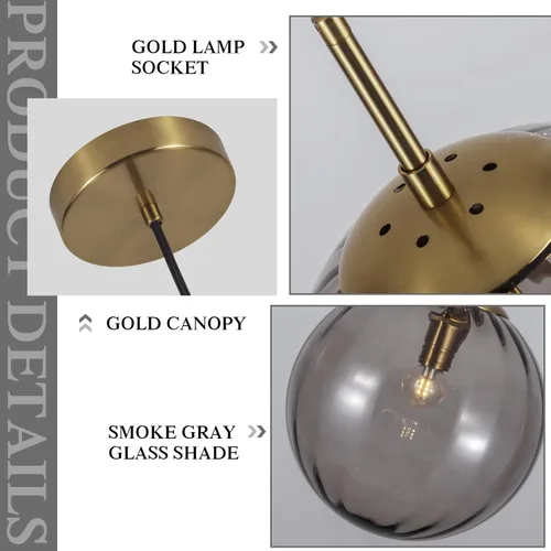 Miniatura 3 de KCO Lighting - Lámpara colgante moderna de globo grande, lámpara colgante de cristal gris humo de mediados de siglo, luces colgantes vintage