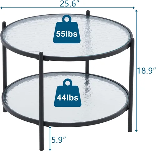 Miniatura 2 de VINGLI 65 cm Mesa pequeña redonda de centro de vidrio de onda de agua en negro mate, mesa central con diseño de almacenamiento moderno de 2 niveles