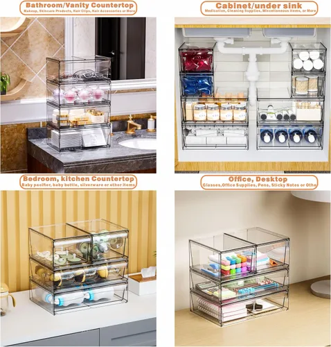 Miniatura 5 de Paquete de 6 cajones de almacenamiento apilables transparentes, organizador de maquillaje de baño grande de 12 pulgadas de ancho y bolígrafo, lentes