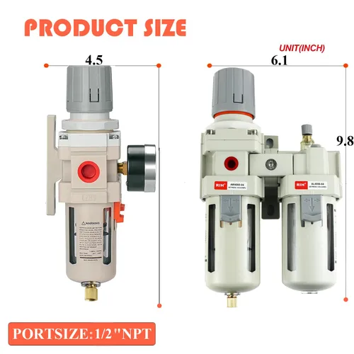 Miniatura 2 de RIH Pneumatics - Regulador de filtro de aire comprimido NPT de 1/2 pulgada, lubricador combinado separador de trampa de agua/aceite, calibre