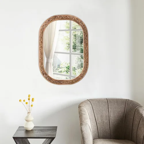 Miniatura 5 de Espejos rústicos ovalados de ratán para pared de 16 x 24 pulgadas, espejos colgantes con marco de madera para dormitorio, espejo costero único hecho