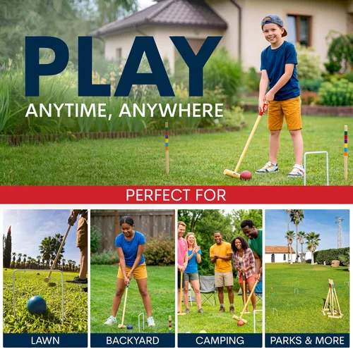 Miniatura 6 de Juego de croquet premium para adultos – Juegos de croquet de lujo para familias con mazos de madera de 35 pulgadas, bolas de polímero, bolsa