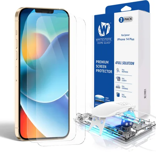 DOME GLASS Whitestone [cobertura completa perfecta] Protector de pantalla de vidrio templado para iPhone 14 Plus con lámpara UV [2 unidades]