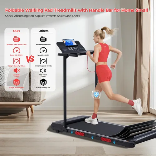 Miniatura 5 de Cinta para caminar eléctrica con manillar, 0.6-10 MPH, caminadora portátil pequeña con asas para el hogar, apartamento, de 3.5 HP, plegable