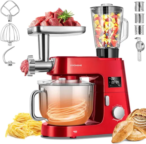 VIVOHOME Mezclador de pie multifuncional 9 en 1 con fermentación, mezclador eléctrico de cocina de 6 velocidades y 7 cuartos con temporizador, Rojo