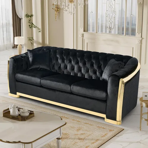 Miniatura 6 de DAMAIFROM Sofá Chesterfield moderno de mediados de siglo, sofá de terciopelo de 62"+84" pulgadas, sofá de terciopelo negro y dorado, sofá curvo