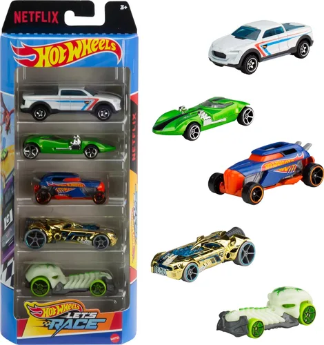 Hot Wheels Paquete de 5 autos y camiones de juguete, juego de 5 vehículos fundidos a presión de la serie animada de Netflix Let's Race!