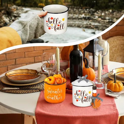 Miniatura 6 de Tanlade Tazas de café de otoño de Acción de Gracias, tazas blancas y naranjas con tapa, taza de cerámica con lazo a cuadros de búfalo y cuentas