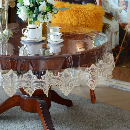 Miniatura 4 de SUTAVIA Mantel redondo de encaje de vinilo transparente, 100% a prueba de aceite, impermeable, a prueba de derrames, protector de mesa de PVC Champán