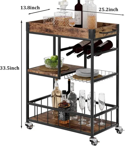 Miniatura 5 de Carro de bar con cesta de 3 niveles, carrito de vino móvil para el hogar con ruedas, carrito de servicio de cocina industrial estilo vintage