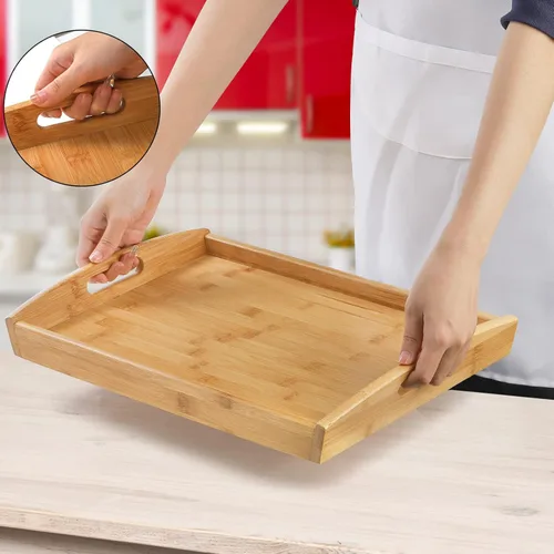 Miniatura 5 de Peohud Paquete de 4 bandejas de bambú para servir con asas, bandeja rectangular de comida de cocina para comer, bandejas de cena para comer