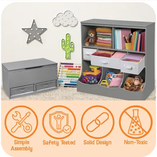 Miniatura 5 de Badger Basket Cubo de almacenamiento de 5 cubos con pies, organizador de madera para juguetes, libros y exhibición, con estante superior, cubos
