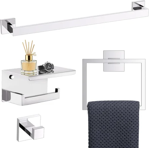 Miniatura 14 de TURS Juego de 4 piezas de accesorios de baño de 24 pulgadas, juego de toalleros de baño de acero inoxidable para montaje en pared, juego de Cromo