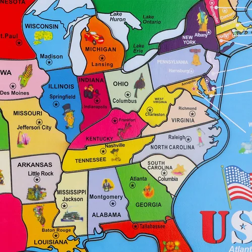 Miniatura 6 de Rompecabezas de madera de mapa de Estados Unidos, rompecabezas de mapa de 46 piezas para niños, rompecabezas educativos de geografía de Estados