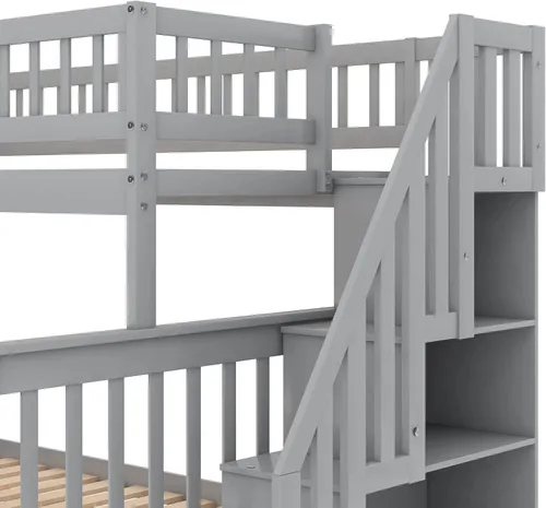 Miniatura 7 de Polibi Litera de escalera individual sobre matrimonial con nido, escalera de almacenamiento y barandilla de longitud completa, litera de Gris