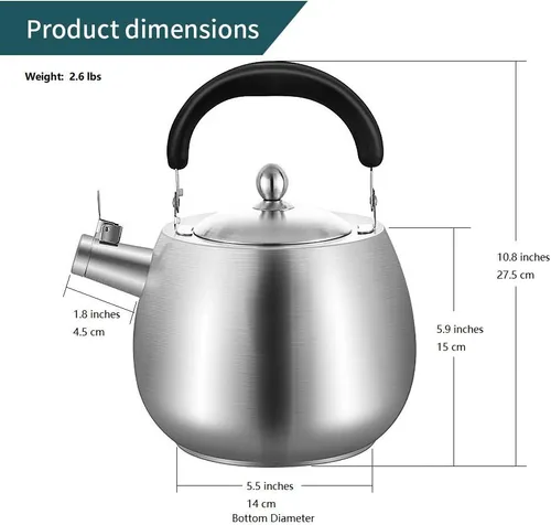 Miniatura 6 de Tetera de té resistente, tetera silbante, fondo sin costuras, acero inoxidable 304, acabado cepillado (4L)