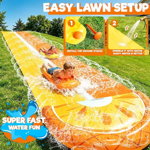 Miniatura 5 de iGeeKid Toboganes de agua de piña con 2 tablas de bodyboards para niños y adultos, juguetes de agua resistentes, aspersores, 2 carriles de carreras