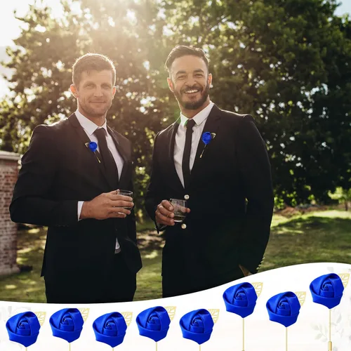 Miniatura 6 de Zeyune 24 piezas de bolsillo para ojales de boda Boutonniere Rose Boutonniere para hombres, bodas y fiestas de graduación (azul)