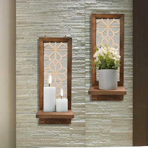 Yorkmills Juego de 2 candelabros de pared, candelabros de pared, decoración rústica del hogar, arte de pared de granja, apliques de espejo flotante,