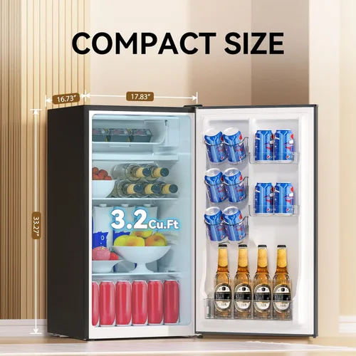 Miniatura 2 de Mini refrigerador de 3.2 pies cúbicos de una sola puerta con congelador, termostato ajustable, refrigerador pequeño de bajo ruido de ahorro