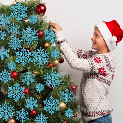 Miniatura 2 de 49 piezas de adornos de Navidad, decoraciones de copo de nieve en oferta - Adornos de Navidad azules con purpurina, copos de nieve colgantes