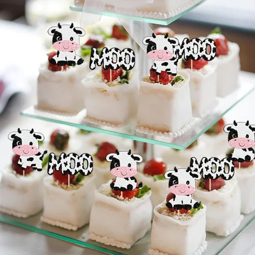 Miniatura 3 de Rsstarxi Paquete de 24 adornos para cupcakes de vaca con purpurina de animales de granja Moo para cupcakes temáticos de vaca, baby shower, fiesta