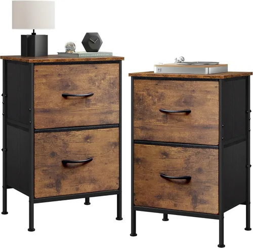 Miniatura 27 de WLIVE Mesita de noche negra, cómoda pequeña con 2 cajones y superficie de madera, mesita de noche con cestas de tela, mesa de cabecera mesa auxiliar