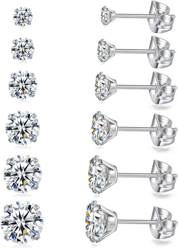 Juego de 6 pares de aretes tipo dormilona hipoalergénicos con circonita cúbica de acero inoxidable 316L, 0.118-0.315 in