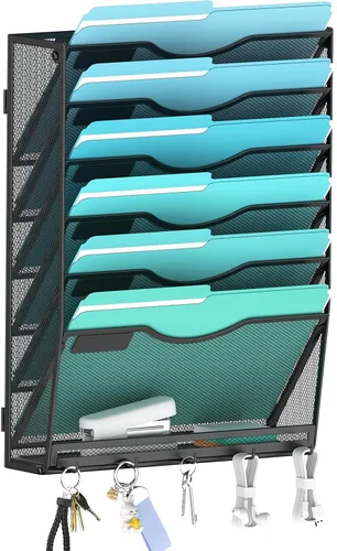 Miniatura 11 de Gawerk Organizador de archivos colgante de 6 niveles, soporte de malla para archivos de pared, estante para carpetas de papel con bandeja plana Negro