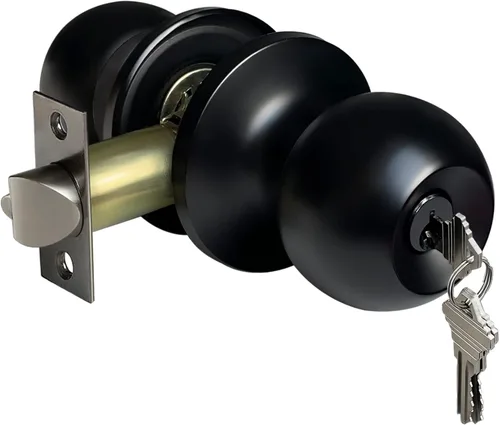 BESTTEN Pomo de puerta de entrada con llave, cerradura de puerta de entrada, bola estándar, todo de metal, negro mate