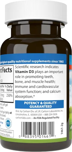 Miniatura 9 de Carlson Vitamina D3 a 2,000 UI a Apoya Huesos Saludables y Función Inmune (120 Geles Suaves)